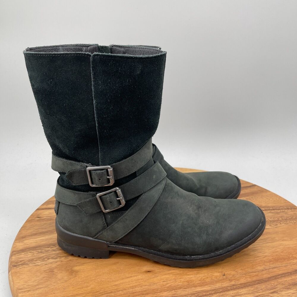 UGG Lorna Boots Womens 10 Black Leather Casual Waterproof Mid Calf Biker Moto